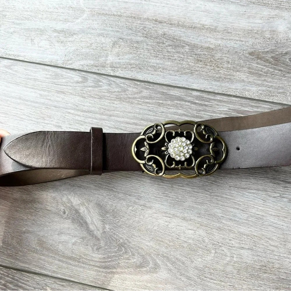 Vintage Jacob Jr Brown Leather  Rhinestones Floral Buckle Belt - Picture 4 of 14
